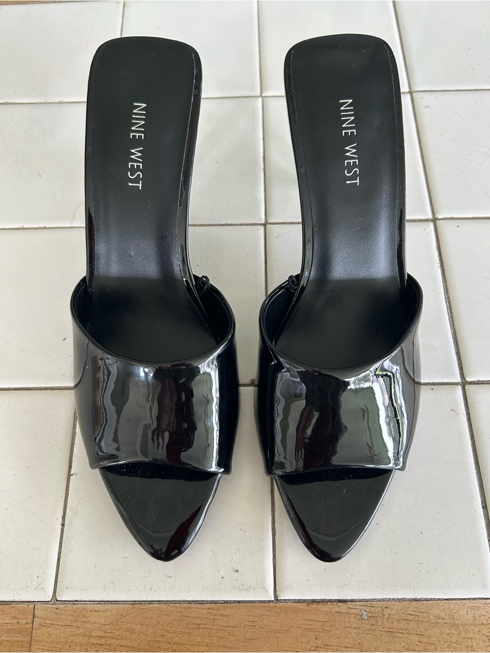 Nine West Black Patent Slide Mules with Pointed Toe